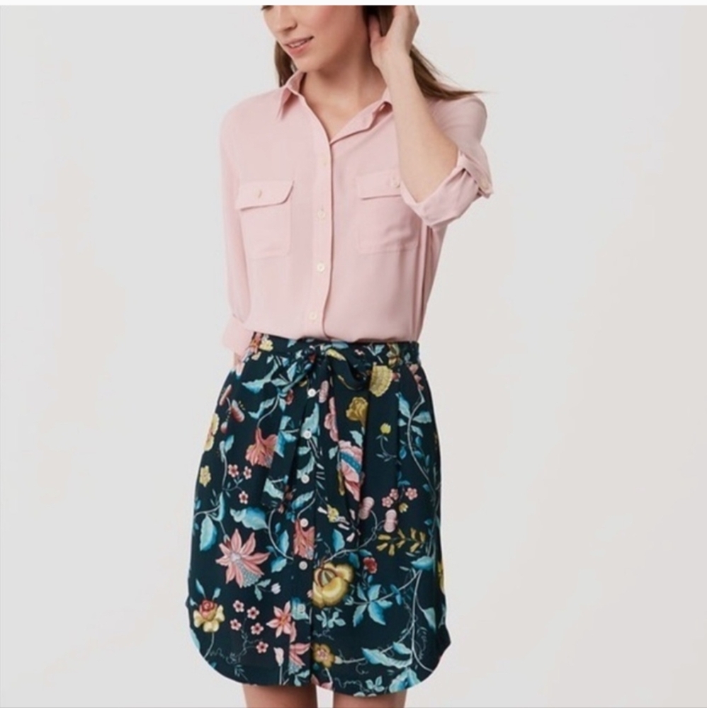 LOFT Floral Midi Skirt in Navy with Pink & Yellow Flowers